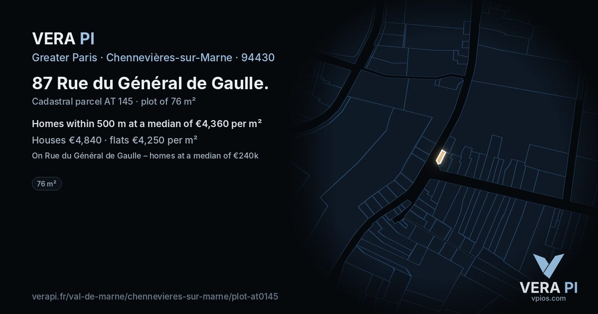 87 Rue du Général de Gaulle, Chennevières-sur-Marne at night – the plot lit, the parcels around coloured by the prices near them