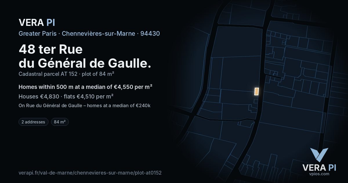 48 ter Rue du Général de Gaulle, Chennevières-sur-Marne at night – the plot lit, the parcels around coloured by the prices near them
