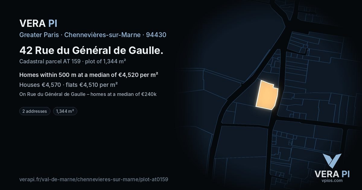 42 Rue du Général de Gaulle, Chennevières-sur-Marne at night – the plot lit, the parcels around coloured by the prices near them