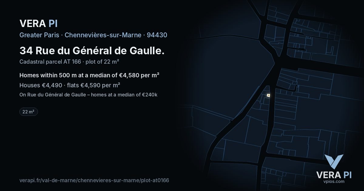 34 Rue du Général de Gaulle, Chennevières-sur-Marne at night – the plot lit, the parcels around coloured by the prices near them