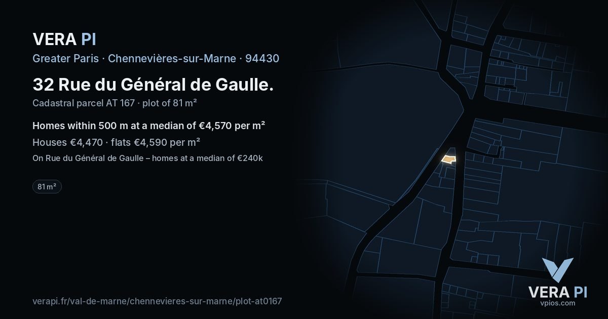 32 Rue du Général de Gaulle, Chennevières-sur-Marne at night – the plot lit, the parcels around coloured by the prices near them