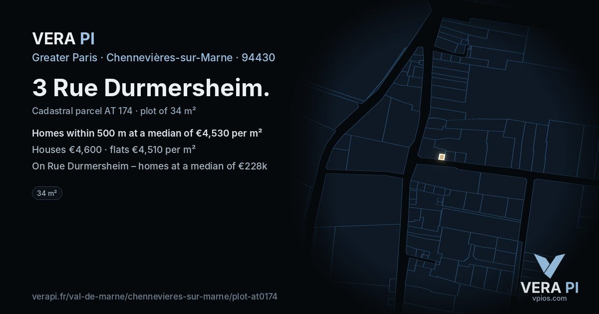 3 Rue Durmersheim, Chennevières-sur-Marne at night – the plot lit, the parcels around coloured by the prices near them