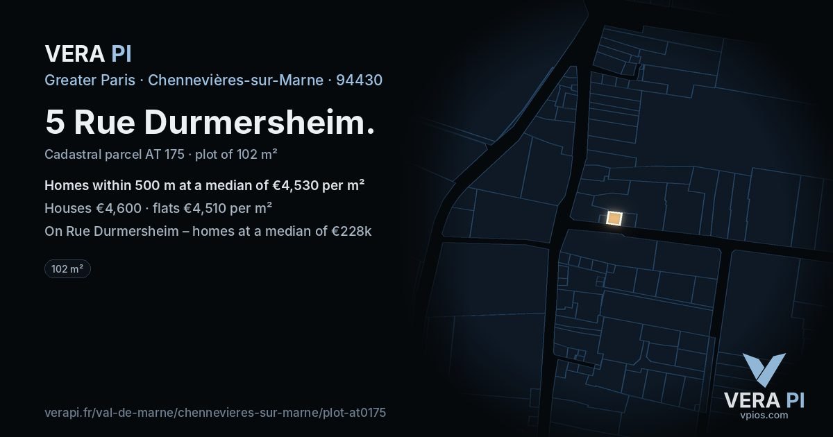 5 Rue Durmersheim, Chennevières-sur-Marne at night – the plot lit, the parcels around coloured by the prices near them