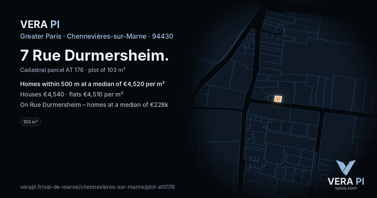 7 Rue Durmersheim, Chennevières-sur-Marne at night – the plot lit, the parcels around coloured by the prices near them