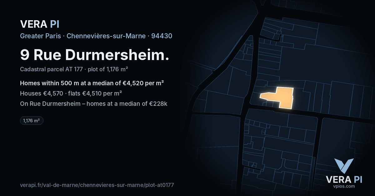 9 Rue Durmersheim, Chennevières-sur-Marne at night – the plot lit, the parcels around coloured by the prices near them