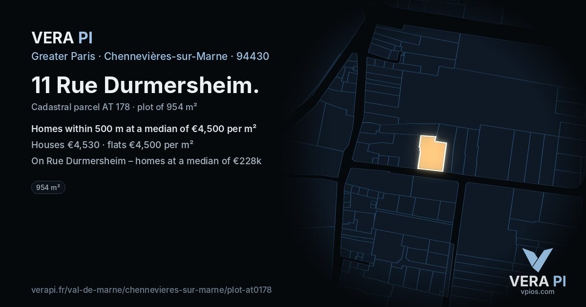 11 Rue Durmersheim, Chennevières-sur-Marne at night – the plot lit, the parcels around coloured by the prices near them