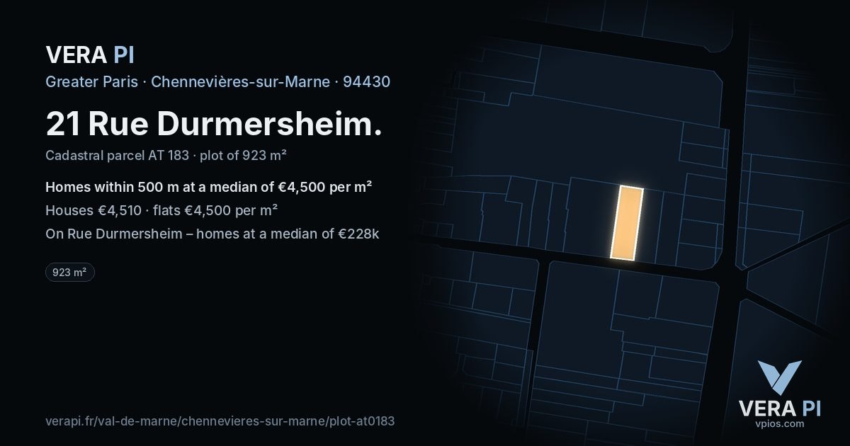 21 Rue Durmersheim, Chennevières-sur-Marne at night – the plot lit, the parcels around coloured by the prices near them