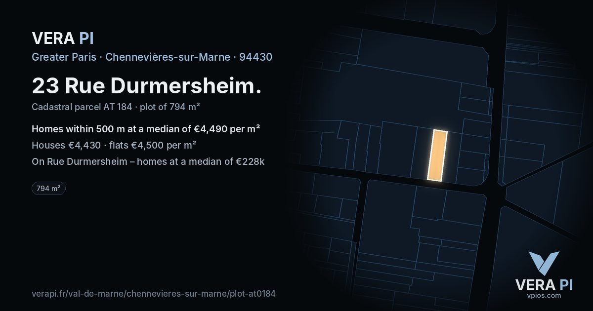 23 Rue Durmersheim, Chennevières-sur-Marne at night – the plot lit, the parcels around coloured by the prices near them