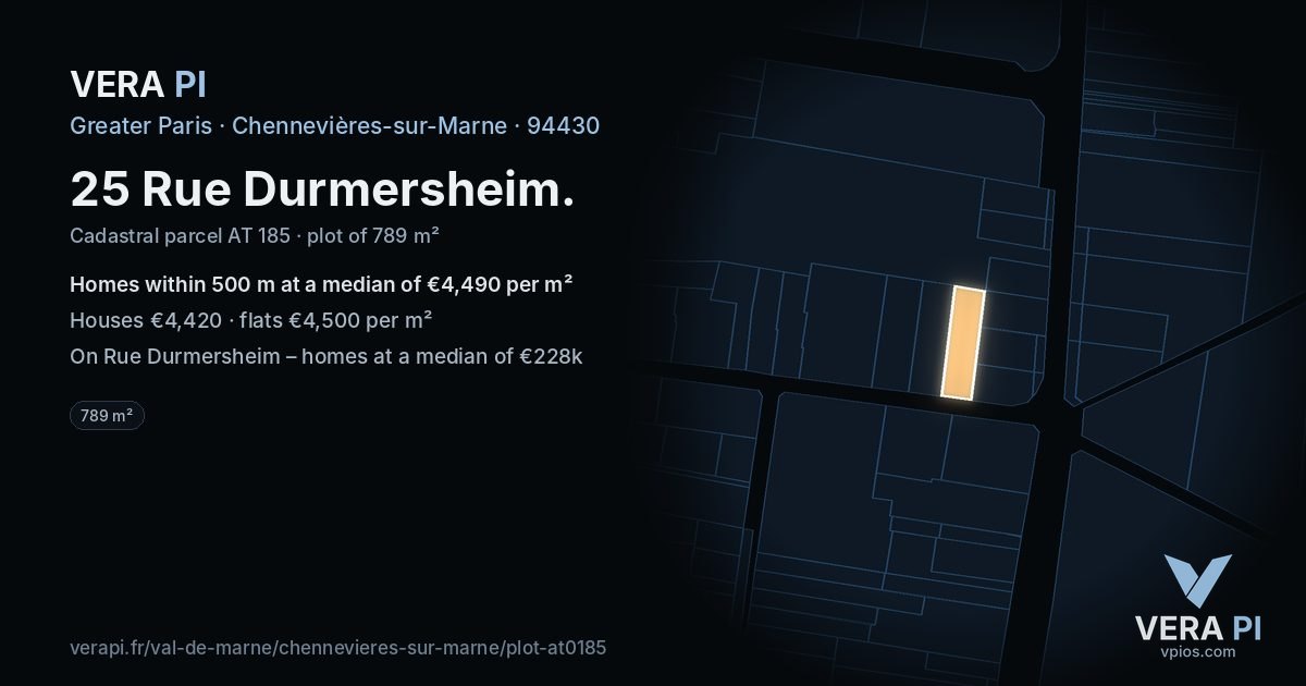 25 Rue Durmersheim, Chennevières-sur-Marne at night – the plot lit, the parcels around coloured by the prices near them