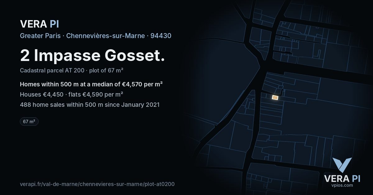 2 Impasse Gosset, Chennevières-sur-Marne at night – the plot lit, the parcels around coloured by the prices near them