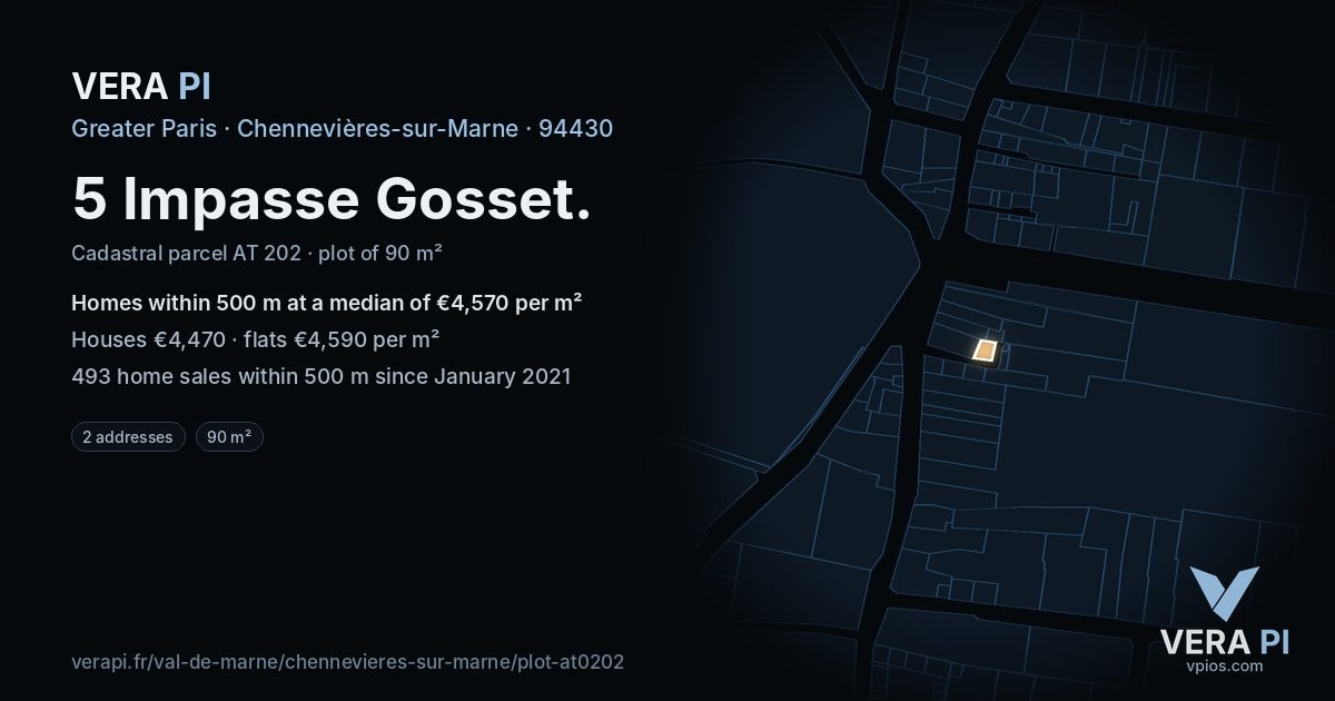 5 Impasse Gosset, Chennevières-sur-Marne at night – the plot lit, the parcels around coloured by the prices near them