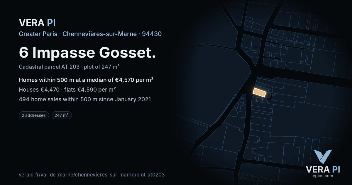 6 Impasse Gosset, Chennevières-sur-Marne at night – the plot lit, the parcels around coloured by the prices near them