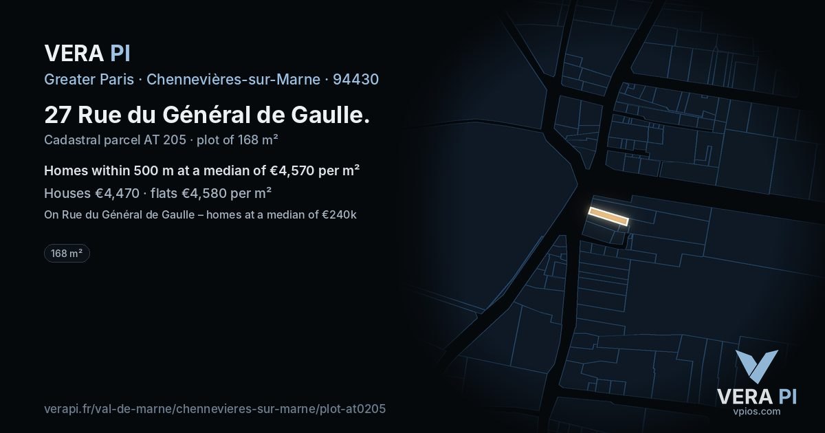 27 Rue du Général de Gaulle, Chennevières-sur-Marne at night – the plot lit, the parcels around coloured by the prices near them