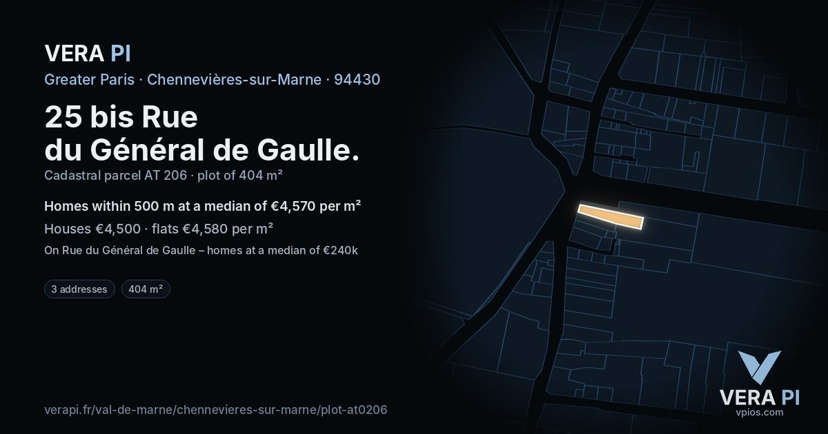 25 bis Rue du Général de Gaulle, Chennevières-sur-Marne at night – the plot lit, the parcels around coloured by the prices near them