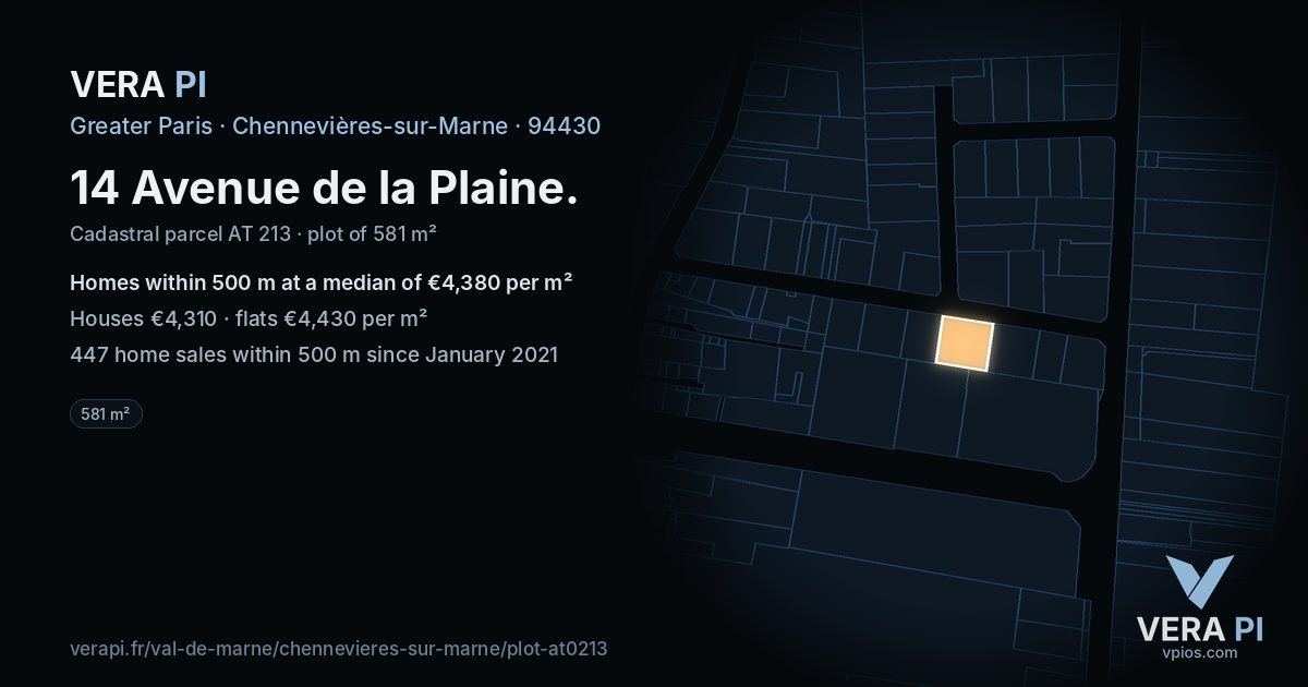 14 Avenue de la Plaine, Chennevières-sur-Marne at night – the plot lit, the parcels around coloured by the prices near them