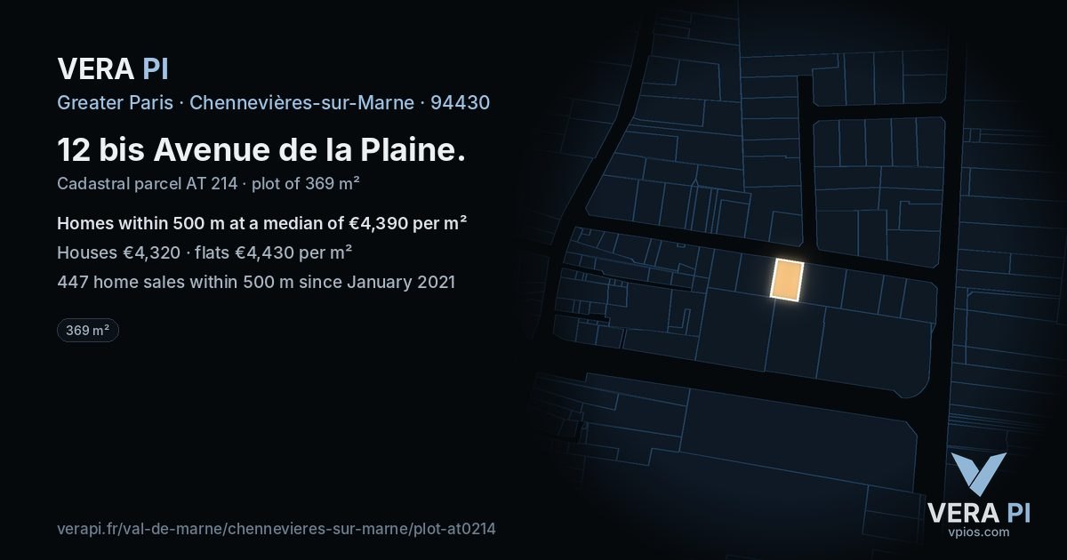 12 bis Avenue de la Plaine, Chennevières-sur-Marne at night – the plot lit, the parcels around coloured by the prices near them