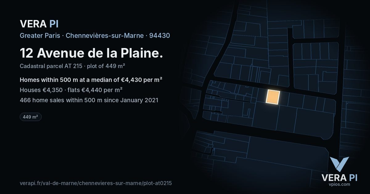 12 Avenue de la Plaine, Chennevières-sur-Marne at night – the plot lit, the parcels around coloured by the prices near them