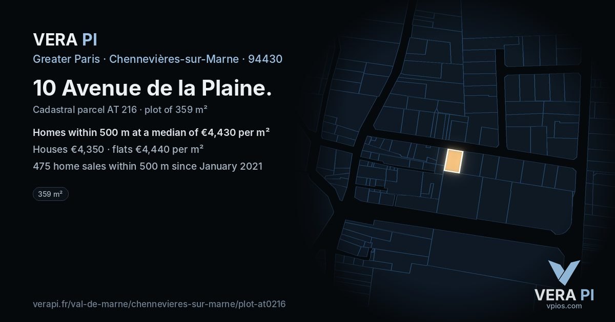 10 Avenue de la Plaine, Chennevières-sur-Marne at night – the plot lit, the parcels around coloured by the prices near them