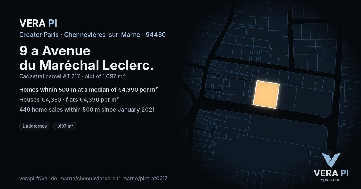 9 a Avenue du Maréchal Leclerc, Chennevières-sur-Marne at night – the plot lit, the parcels around coloured by the prices near them