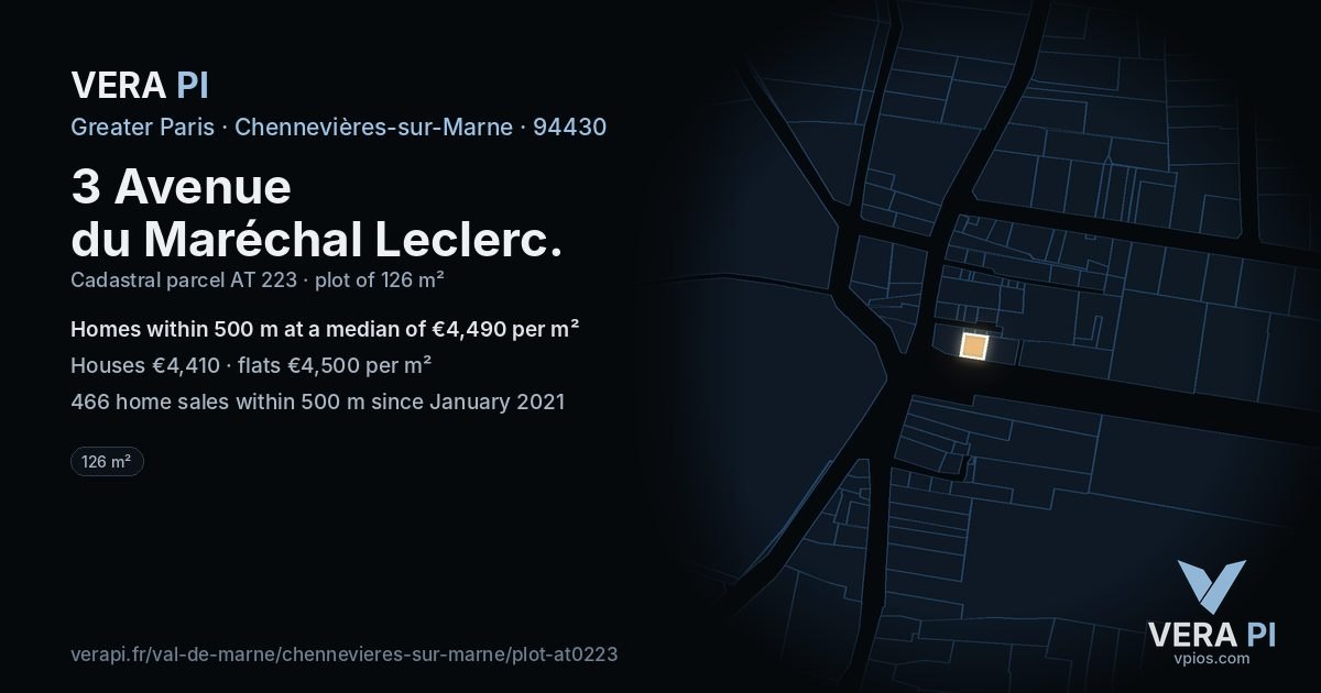 3 Avenue du Maréchal Leclerc, Chennevières-sur-Marne at night – the plot lit, the parcels around coloured by the prices near them