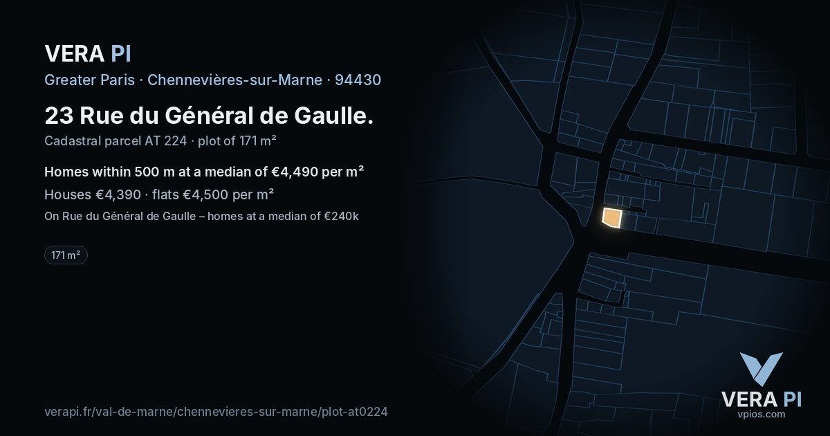 23 Rue du Général de Gaulle, Chennevières-sur-Marne at night – the plot lit, the parcels around coloured by the prices near them