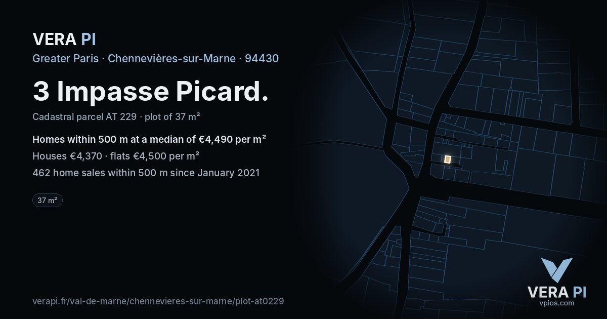 3 Impasse Picard, Chennevières-sur-Marne at night – the plot lit, the parcels around coloured by the prices near them