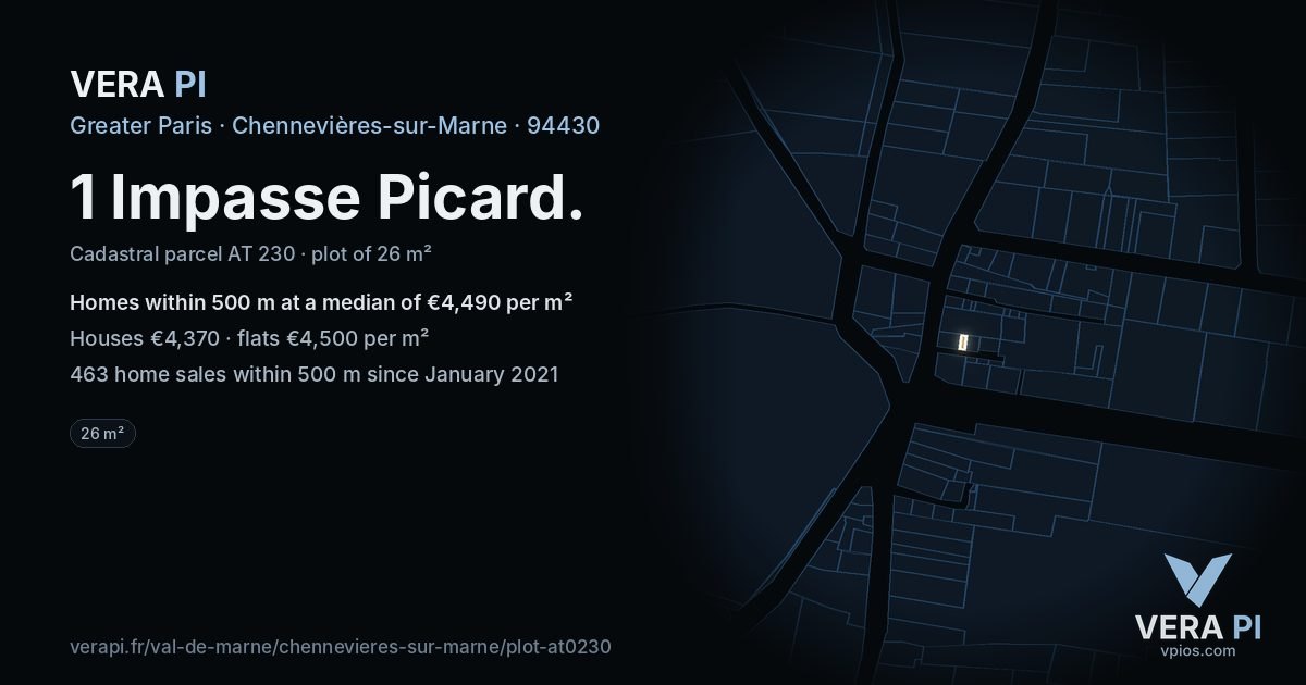 1 Impasse Picard, Chennevières-sur-Marne at night – the plot lit, the parcels around coloured by the prices near them