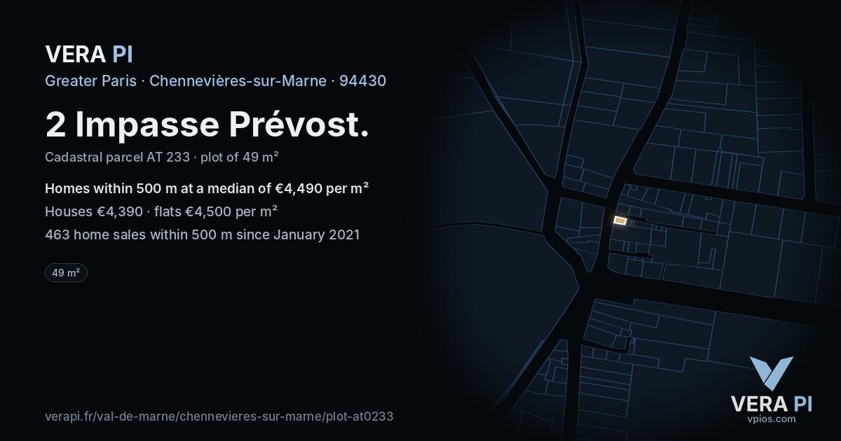 2 Impasse Prévost, Chennevières-sur-Marne at night – the plot lit, the parcels around coloured by the prices near them
