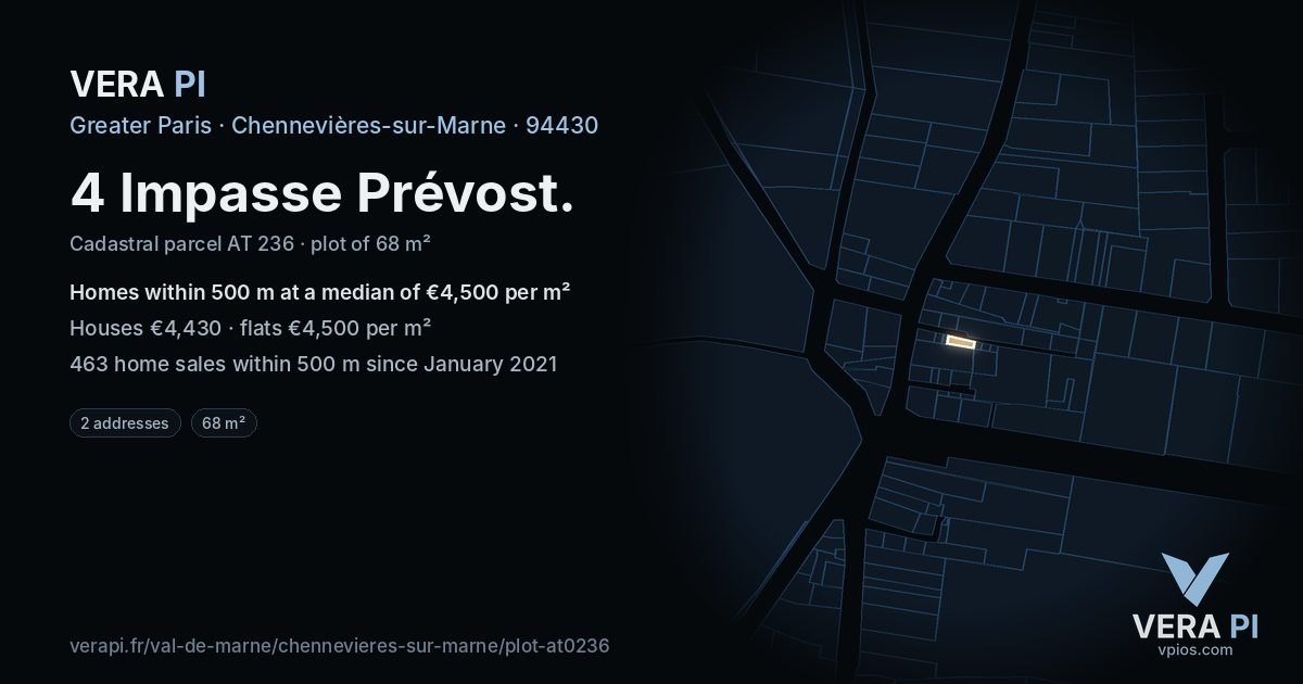 4 Impasse Prévost, Chennevières-sur-Marne at night – the plot lit, the parcels around coloured by the prices near them