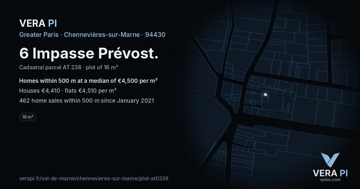 6 Impasse Prévost, Chennevières-sur-Marne at night – the plot lit, the parcels around coloured by the prices near them