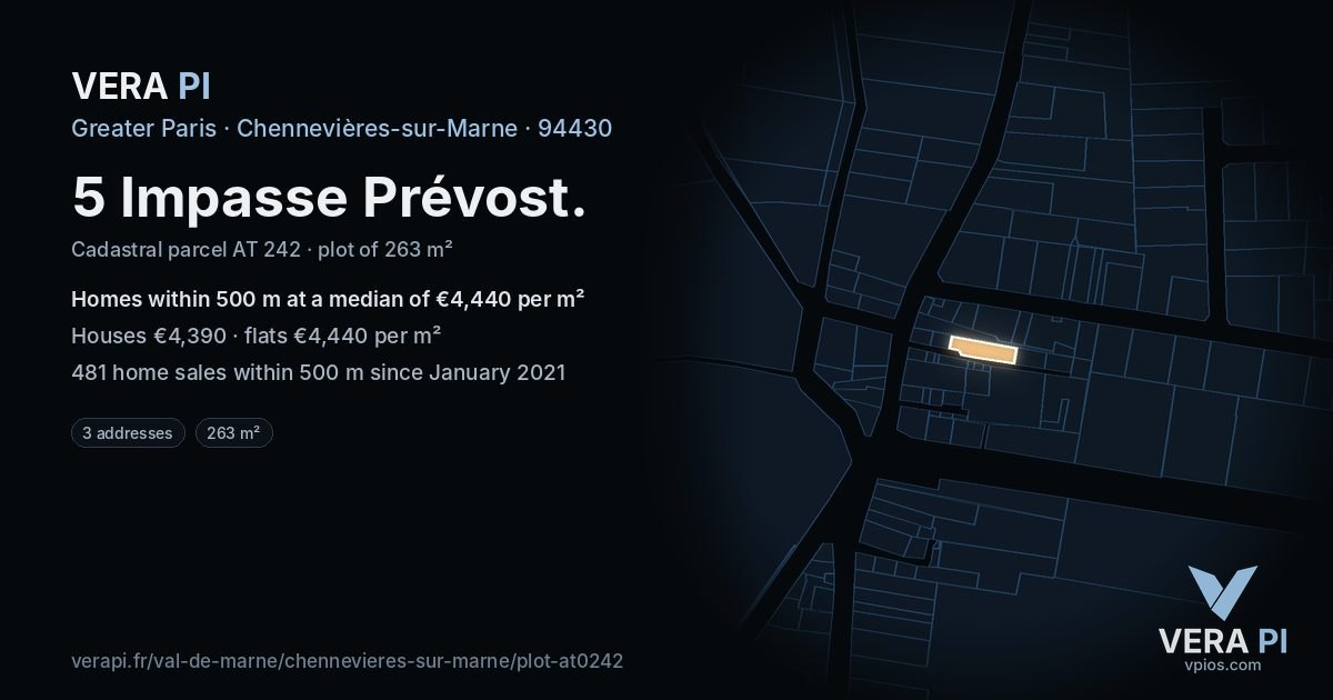 5 Impasse Prévost, Chennevières-sur-Marne at night – the plot lit, the parcels around coloured by the prices near them