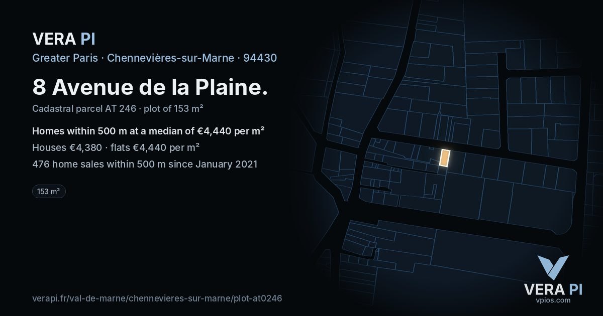 8 Avenue de la Plaine, Chennevières-sur-Marne at night – the plot lit, the parcels around coloured by the prices near them