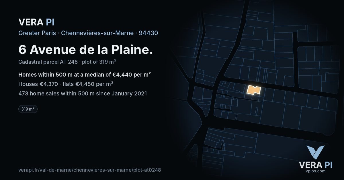 6 Avenue de la Plaine, Chennevières-sur-Marne at night – the plot lit, the parcels around coloured by the prices near them