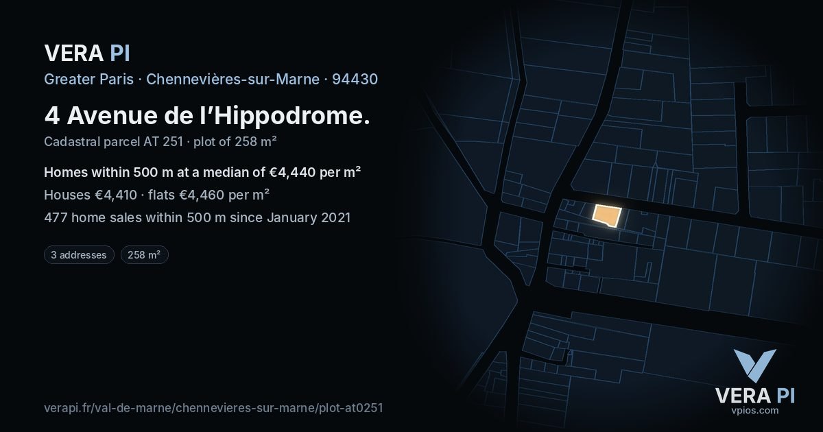 4 Avenue de l’Hippodrome, Chennevières-sur-Marne at night – the plot lit, the parcels around coloured by the prices near them