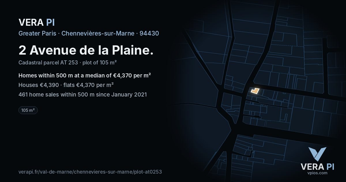 2 Avenue de la Plaine, Chennevières-sur-Marne at night – the plot lit, the parcels around coloured by the prices near them