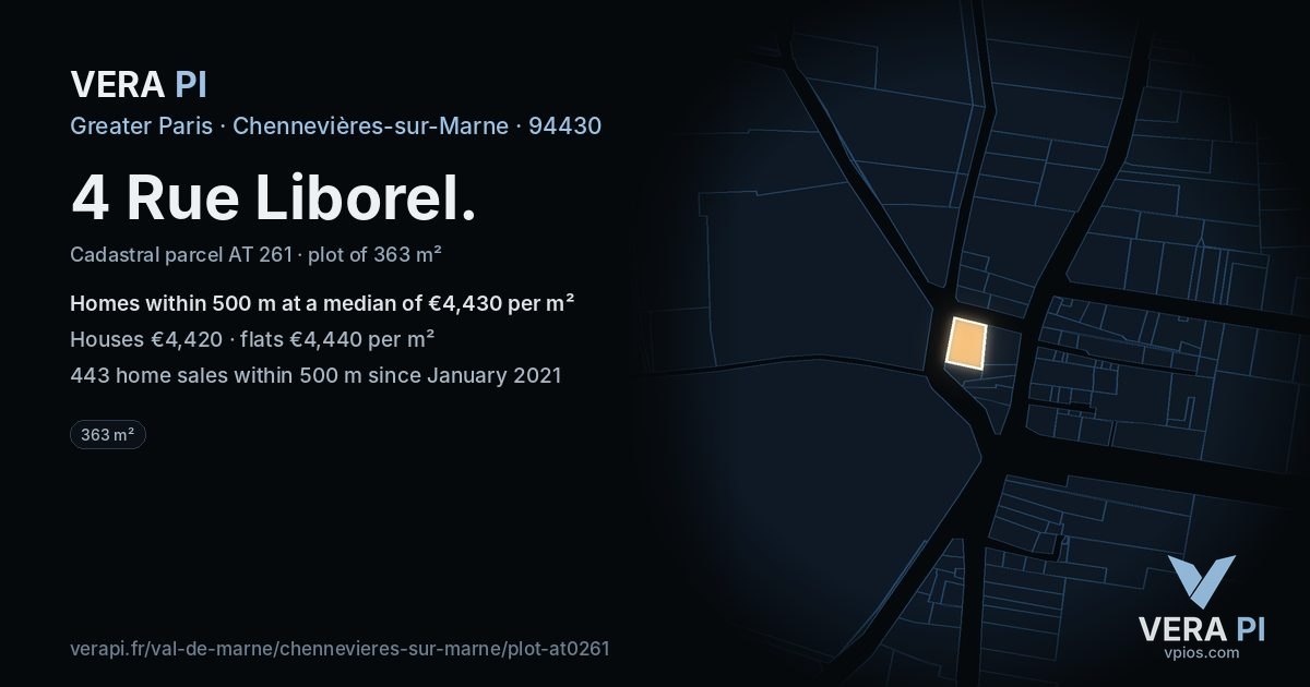 4 Rue Liborel, Chennevières-sur-Marne at night – the plot lit, the parcels around coloured by the prices near them