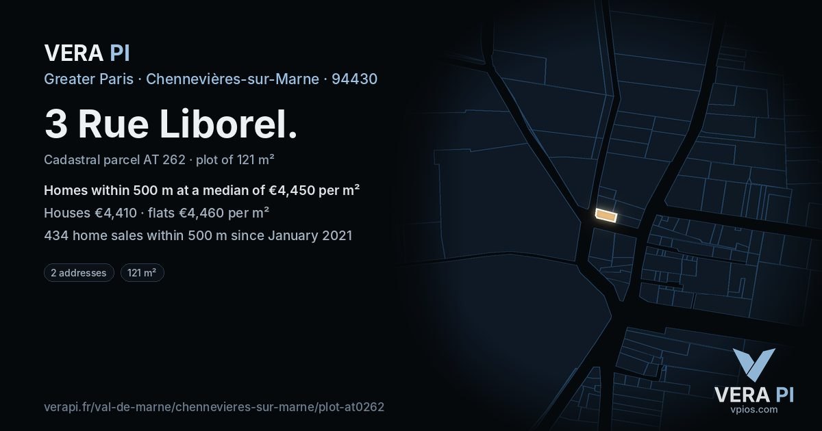 3 Rue Liborel, Chennevières-sur-Marne at night – the plot lit, the parcels around coloured by the prices near them