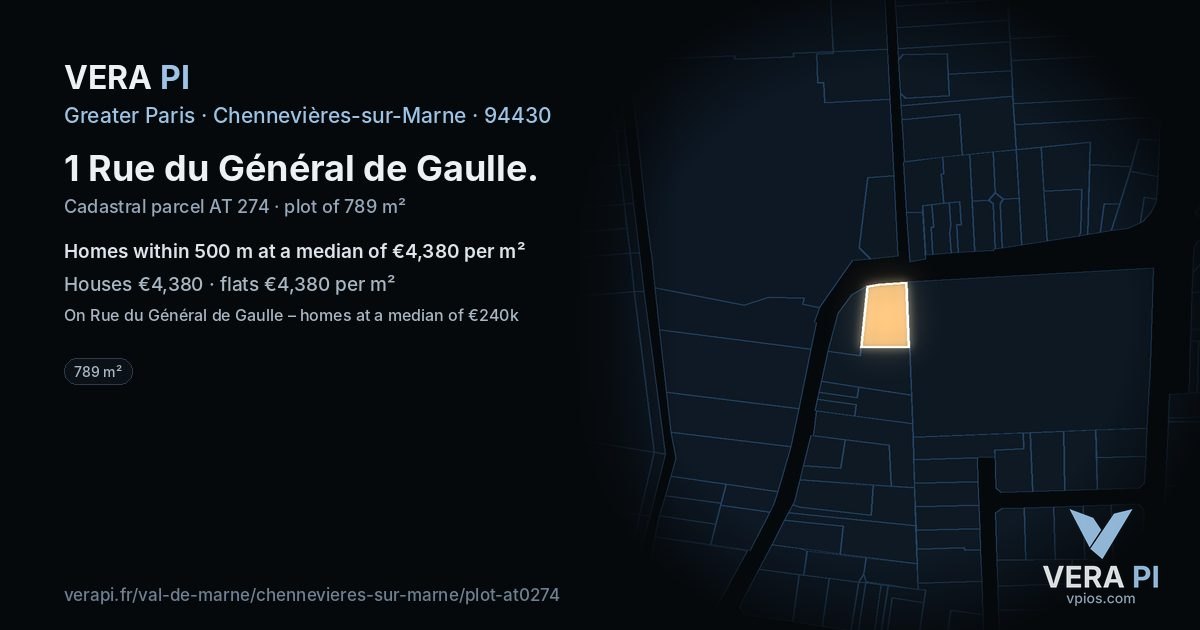 1 Rue du Général de Gaulle, Chennevières-sur-Marne at night – the plot lit, the parcels around coloured by the prices near them