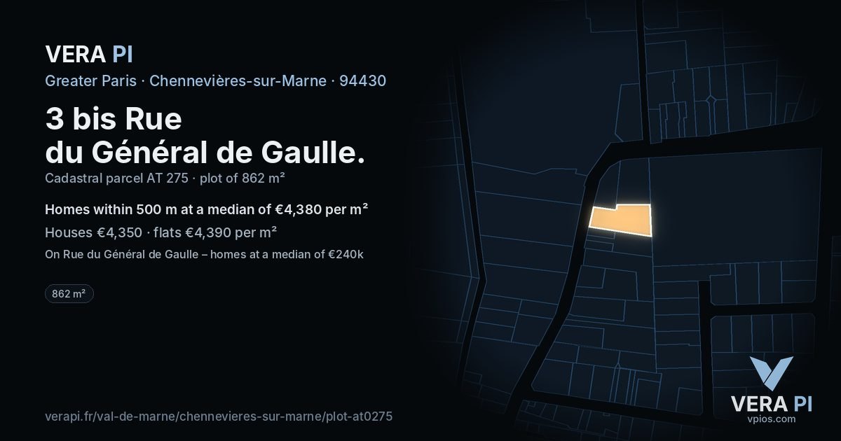 3 bis Rue du Général de Gaulle, Chennevières-sur-Marne at night – the plot lit, the parcels around coloured by the prices near them
