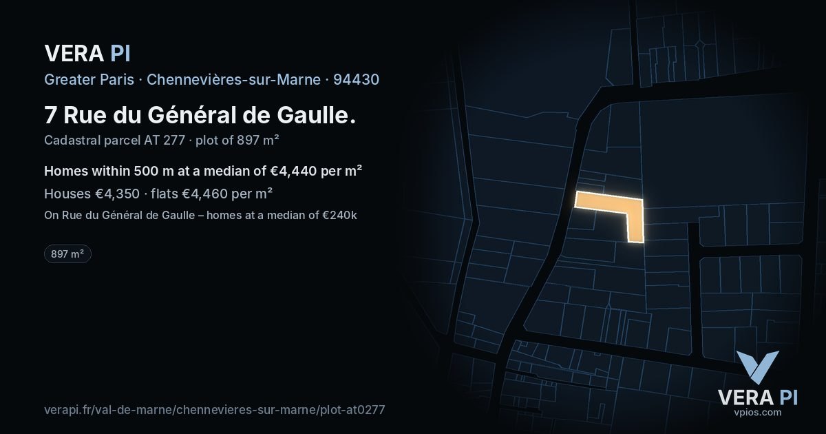 7 Rue du Général de Gaulle, Chennevières-sur-Marne at night – the plot lit, the parcels around coloured by the prices near them