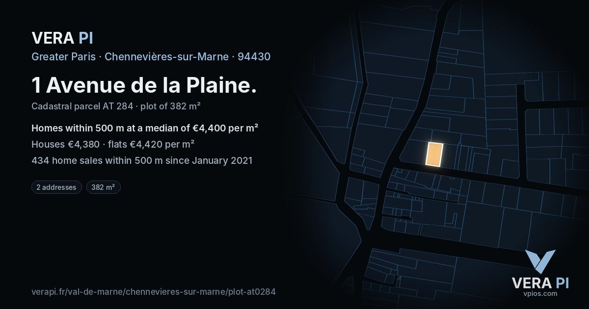 1 Avenue de la Plaine, Chennevières-sur-Marne at night – the plot lit, the parcels around coloured by the prices near them