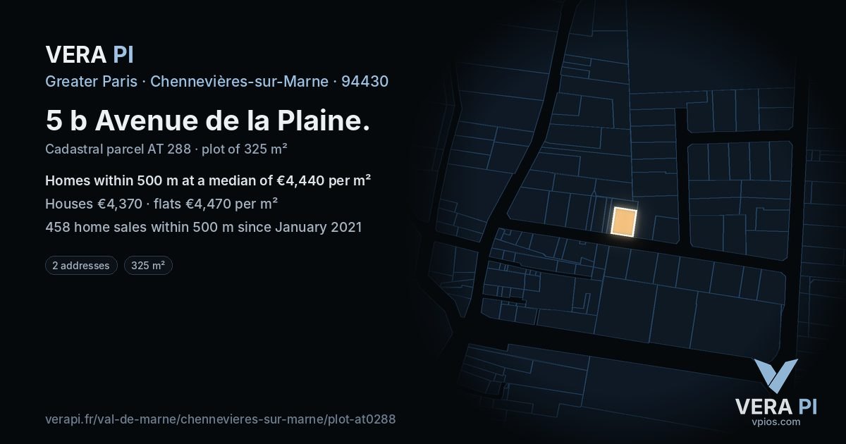 5 b Avenue de la Plaine, Chennevières-sur-Marne at night – the plot lit, the parcels around coloured by the prices near them