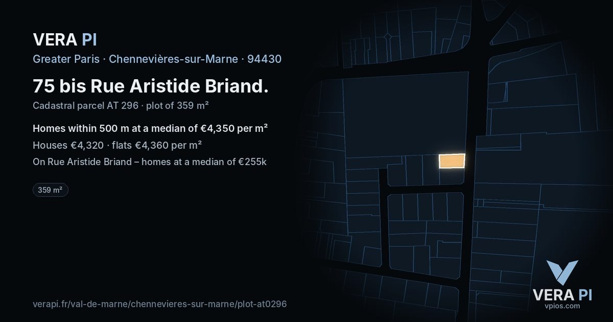 75 bis Rue Aristide Briand, Chennevières-sur-Marne at night – the plot lit, the parcels around coloured by the prices near them
