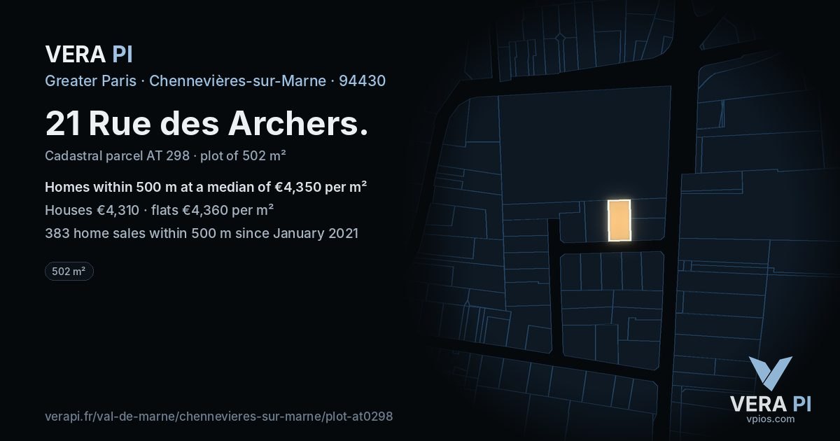21 Rue des Archers, Chennevières-sur-Marne at night – the plot lit, the parcels around coloured by the prices near them