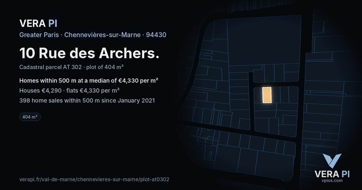 10 Rue des Archers, Chennevières-sur-Marne at night – the plot lit, the parcels around coloured by the prices near them