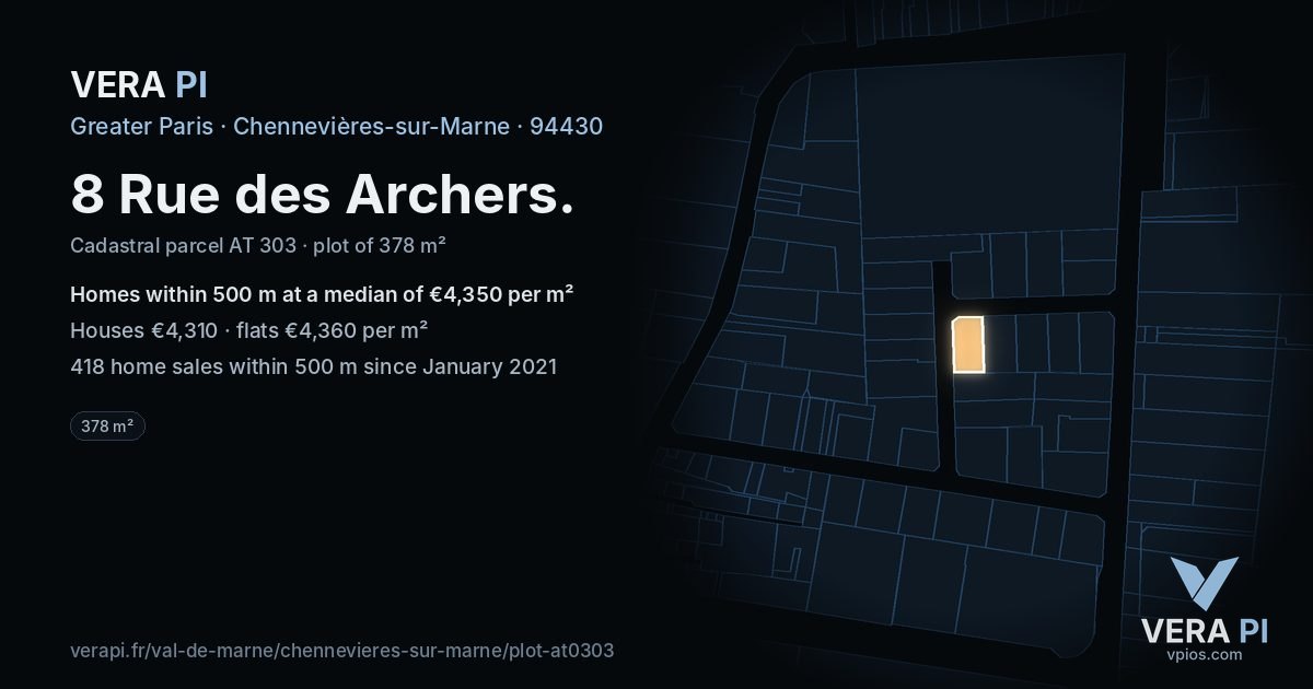 8 Rue des Archers, Chennevières-sur-Marne at night – the plot lit, the parcels around coloured by the prices near them