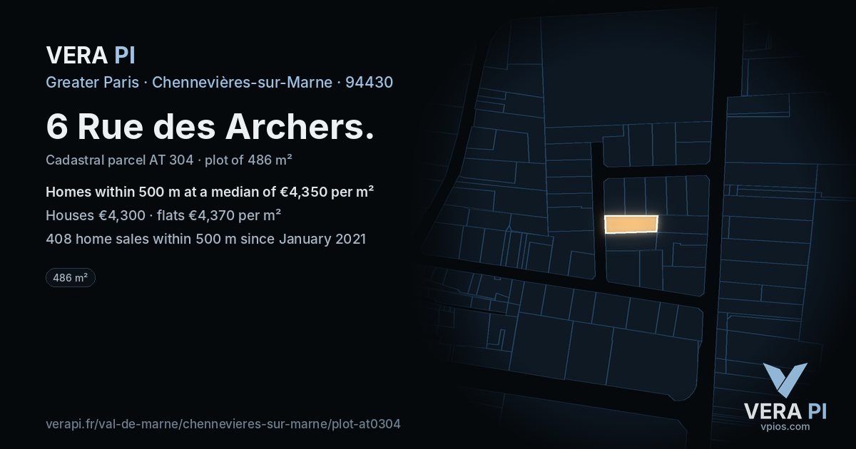 6 Rue des Archers, Chennevières-sur-Marne at night – the plot lit, the parcels around coloured by the prices near them