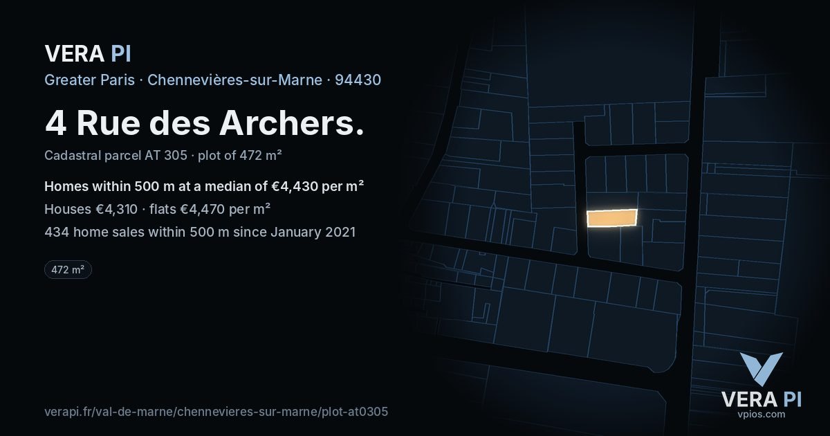 4 Rue des Archers, Chennevières-sur-Marne at night – the plot lit, the parcels around coloured by the prices near them