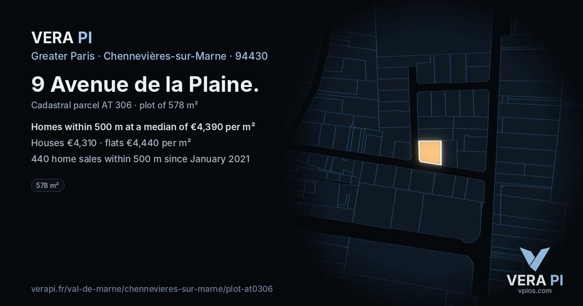 9 Avenue de la Plaine, Chennevières-sur-Marne at night – the plot lit, the parcels around coloured by the prices near them