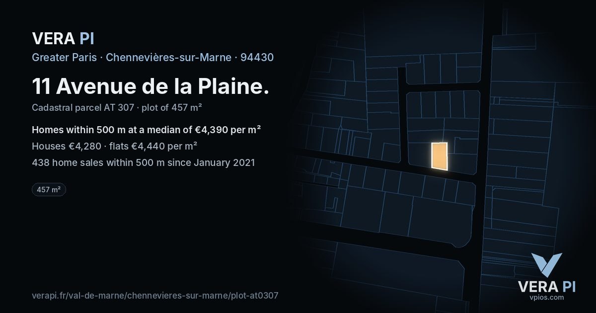 11 Avenue de la Plaine, Chennevières-sur-Marne at night – the plot lit, the parcels around coloured by the prices near them